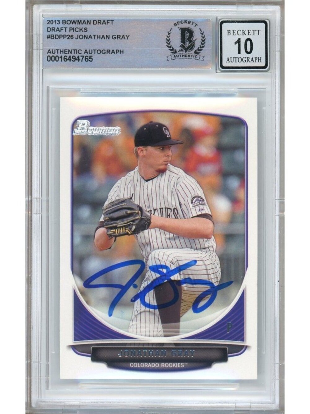 Jon Gray Signed 2013 Bowman Draft Picks #BDPP26 Rockies RC BAS Slab BGS Auto 10